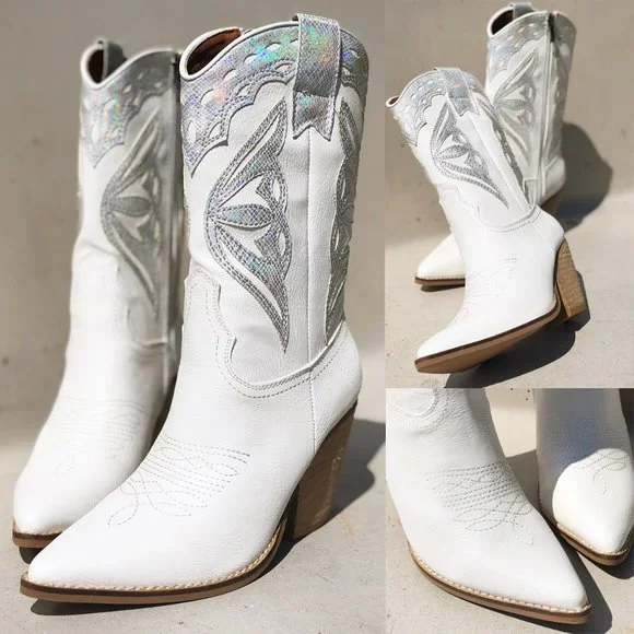 White Iridescent Metallic Applique Pointy Toe Block Heel Cowgirl Western Boots - Picture 6 of 15